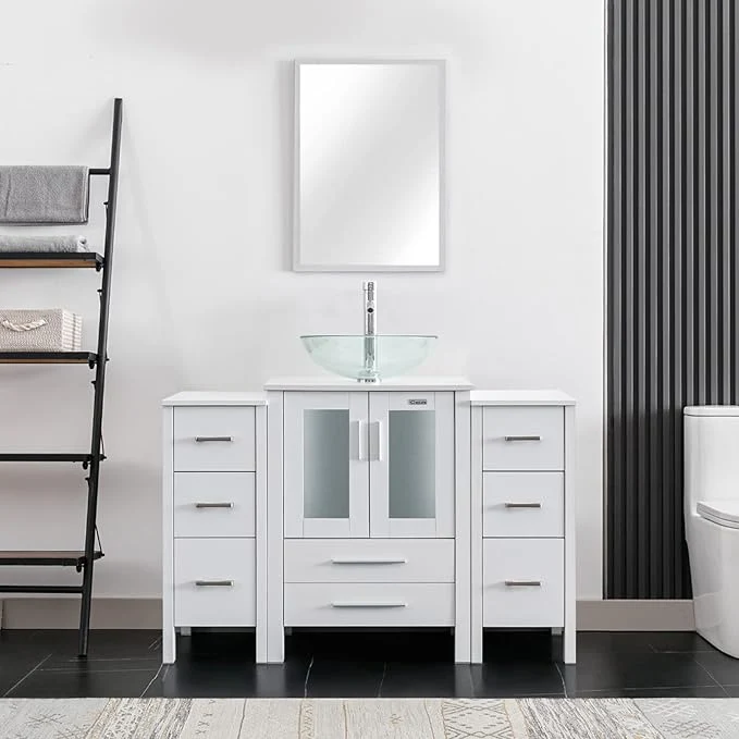 Flexible eclife 48 Modern Bathroom Vanity Sink Combo standing Cabinet with Small Side Cabinet Clear Round Glass Vessel Sink Water Save Faucet Drain White A16 About ThisOverview Sophisticated