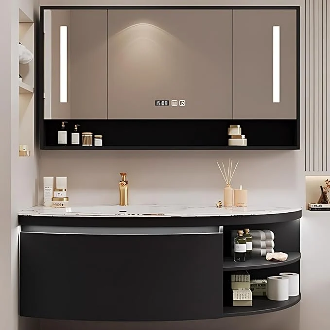 Minimalist 56IN Floating Bathroom Vanity Wall Mounted Wood Sink Cabinet with Smart Sensor LED Light Strip Open Style Side Cabinet LED Lights Defogging Function Single Sink Vanities Set Black About ThisOverview Advanced