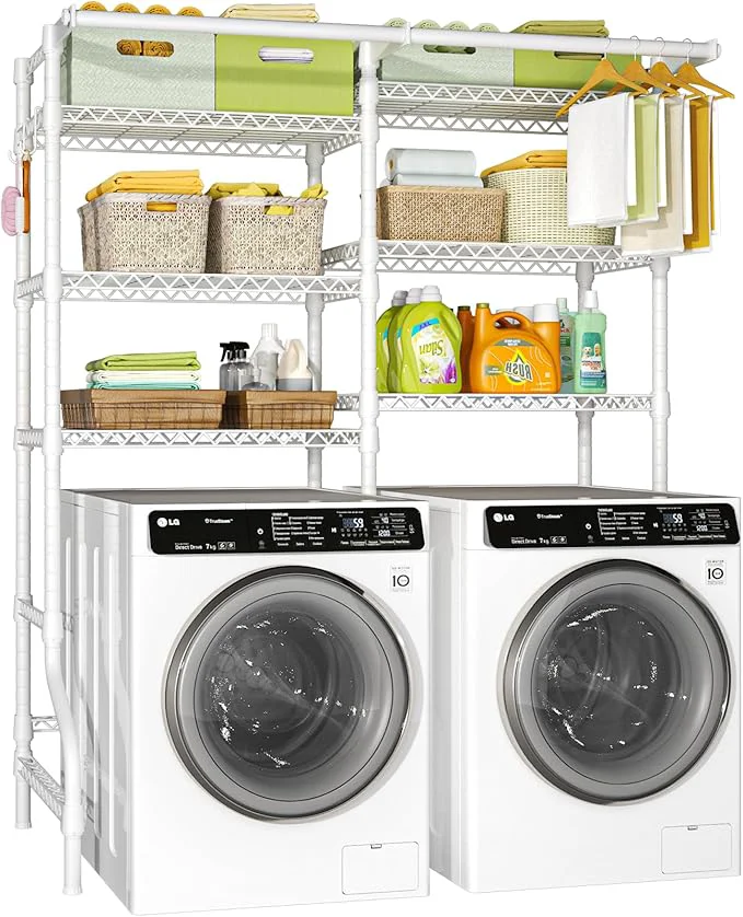 Exclusive Ulif U13 Medium Over Washer and Dryer Storage Shelves 6 Tiers Laundry Room Standing Shelf with 2 Hanger Rods Space Saver Clothes Drying Rack 57.8 W x 22 D x 77.4 H WhiteAbout ThisOverview Relaxed