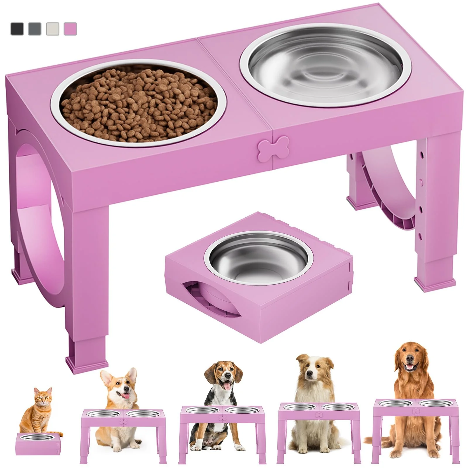 World-Class XiaZ d Dog Bowls – Large Breed Raised Stand 4-Height Adjustable Dual Stainless Bowls Pink Traditional