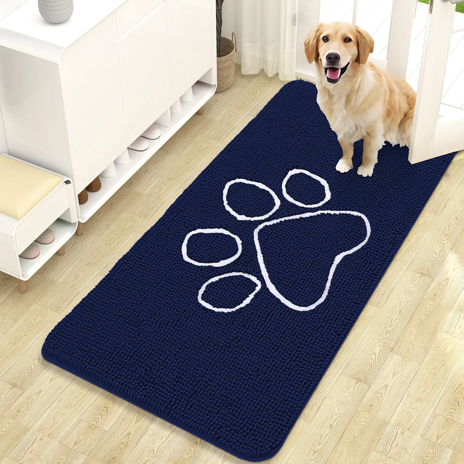 Reusable OLANLY Door Mat for Muddy Dog Paws 47x24 Ultra Absorbent Chenille Mud Doormat with Paw Print Design Non-Slip Washable Doormat for Indoor Entryway Quick-Dry Pet Bed Mats for Dirty Dogs Navy Blue Carefully Designed