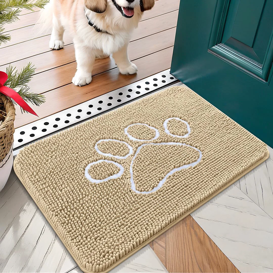 Crafted OLANLY Door Mat for Muddy Dog Paws 24x16 Ultra Absorbent Chenille Mud Doormat with Paw Print Design Non-Slip Washable Doormat for Indoor Entryway Quick-Dry Pet Bed Mats for Dirty Dogs Beige Reusable