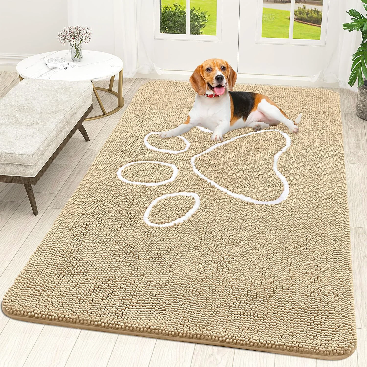 Advanced OLANLY Door Mat for Muddy Dog Paws 70x46 Ultra Absorbent Chenille Mud Doormat with Paw Print Design Non-Slip Washable Doormat for Indoor Entryway Quick-Dry Pet Bed Mats for Dirty Dogs Beige Carefully Designed