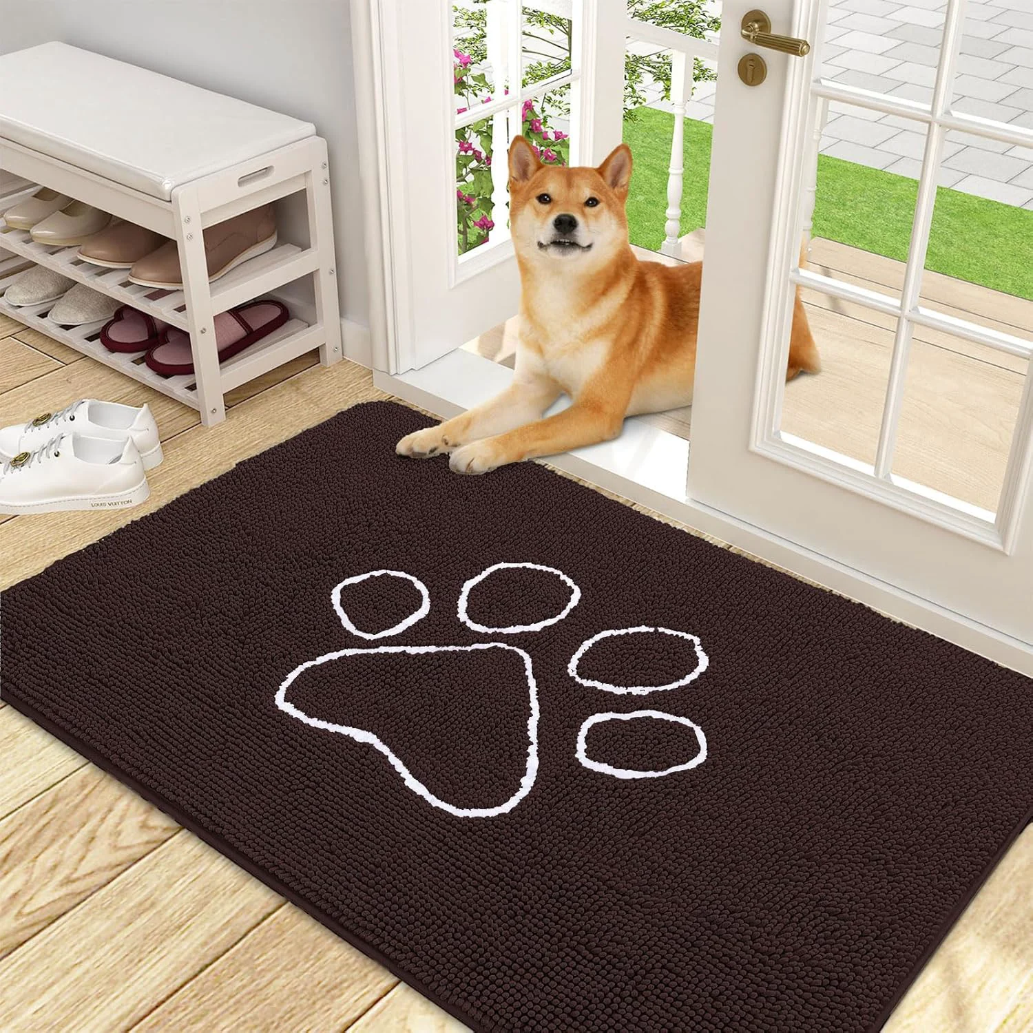 Relaxed OLANLY Door Mat for Muddy Dog Paws 48x30 Ultra Absorbent Chenille Mud Doormat with Paw Print Design Non-Slip Washable Doormat for Indoor Entryway Quick-Dry Pet Bed Mats for Dirty Dogs Brown Trendy