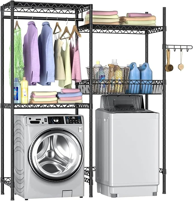 Professional Over Washer and Dryer Shelves Laundry Room Storage Organization Clothes Drying Rack 4 Tier Adjustable Height Wire Shelving with Wire Basket Hanger Rod Hook Space Saving ShelfAbout ThisOverview Traditional