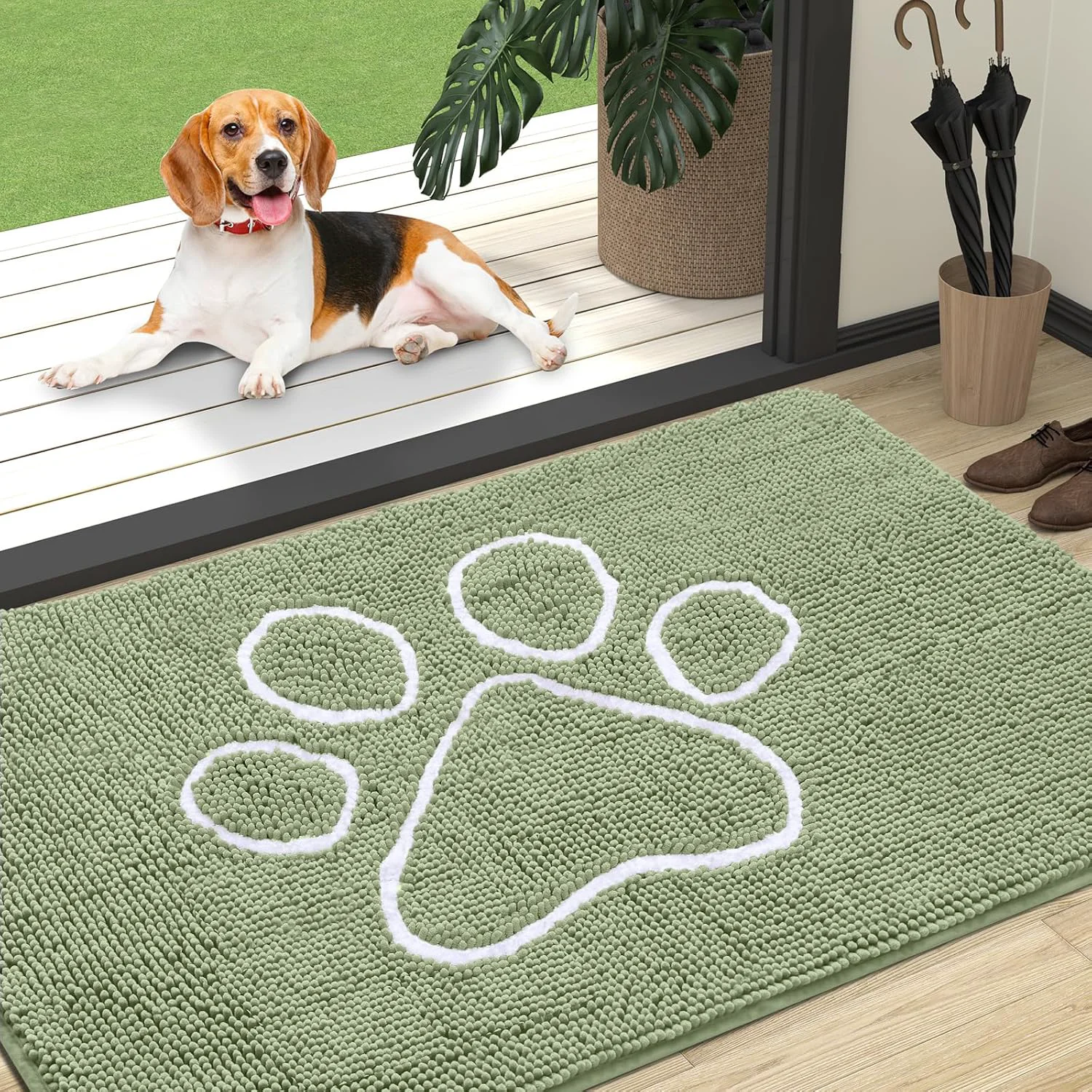 Classic OLANLY Door Mat for Muddy Dog Paws 47x32 Ultra Absorbent Chenille Mud Doormat with Paw Print Design Non-Slip Washable Doormat for Indoor Entryway Quick-Dry Pet Bed Mats for Dirty Dogs Sage Green Enhanced