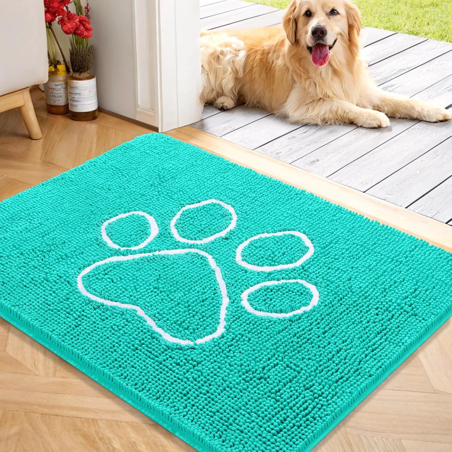 Versatile OLANLY Door Mat for Muddy Dog Paws 40x32 Ultra Absorbent Chenille Mud Doormat with Paw Print Design Non-Slip Washable Doormat for Indoor Entryway Quick-Dry Pet Bed Mats for Dirty Dogs Teal User-Friendly