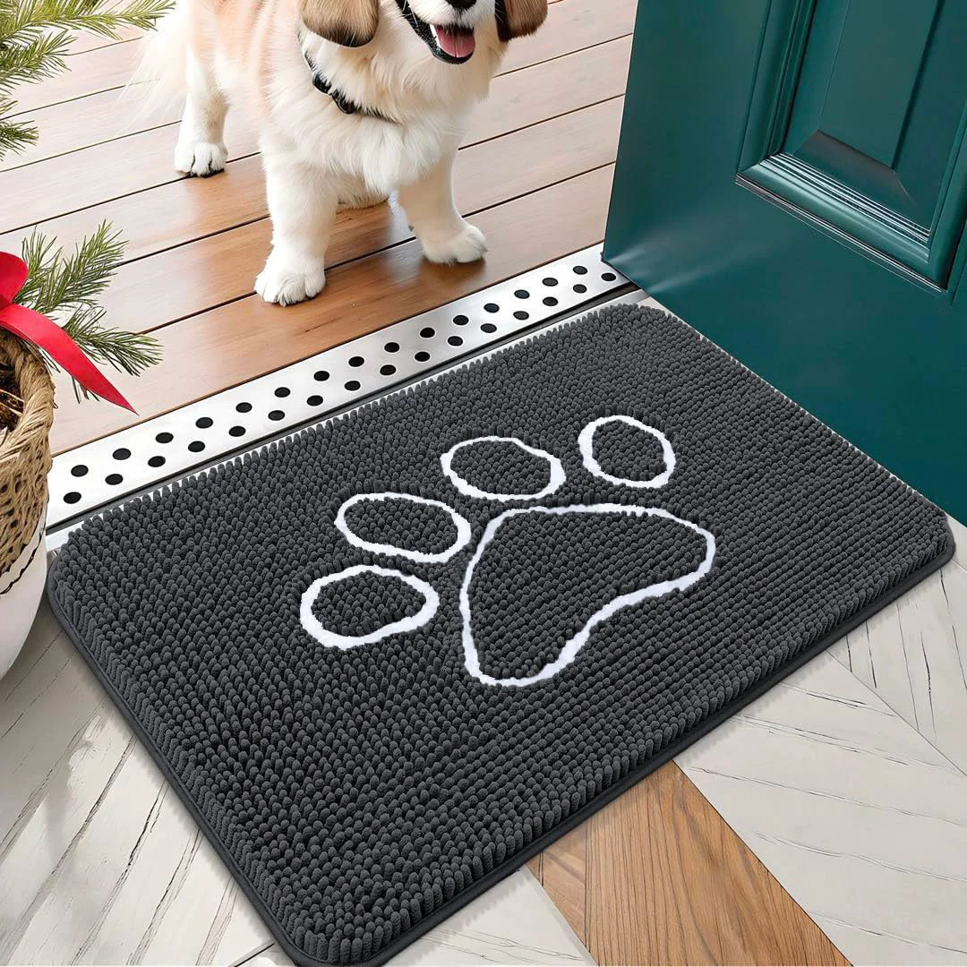 Smooth OLANLY Door Mat for Muddy Dog Paws 24x16 Ultra Absorbent Chenille Mud Doormat with Paw Print Design Non-Slip Washable Doormat for Indoor Entryway Quick-Dry Pet Bed Mats for Dirty Dogs Dark Grey Soft