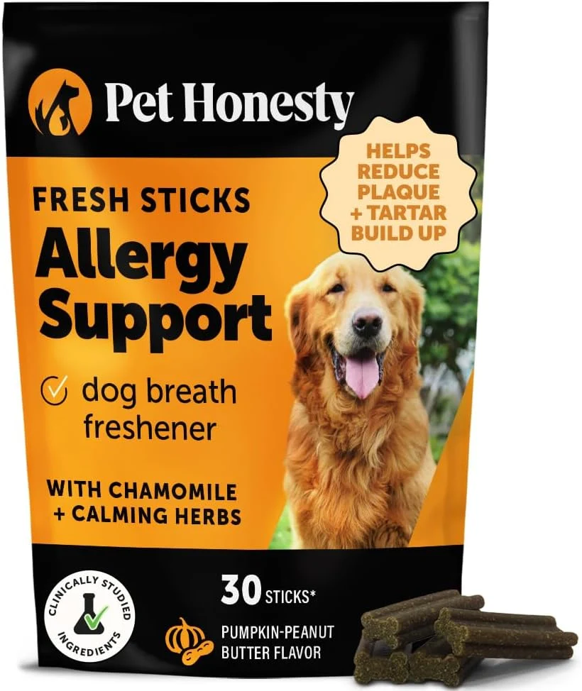 Exceptional Pet Honesty Allergy Support Fresh Dental Sticks - Dental Treats for Dogs - Dental Dog Chews - Immune Health Allergy Support for Dogs - Freshen Dog Breath Reduce Plaque Tartar - 30 Sticks Recyclable