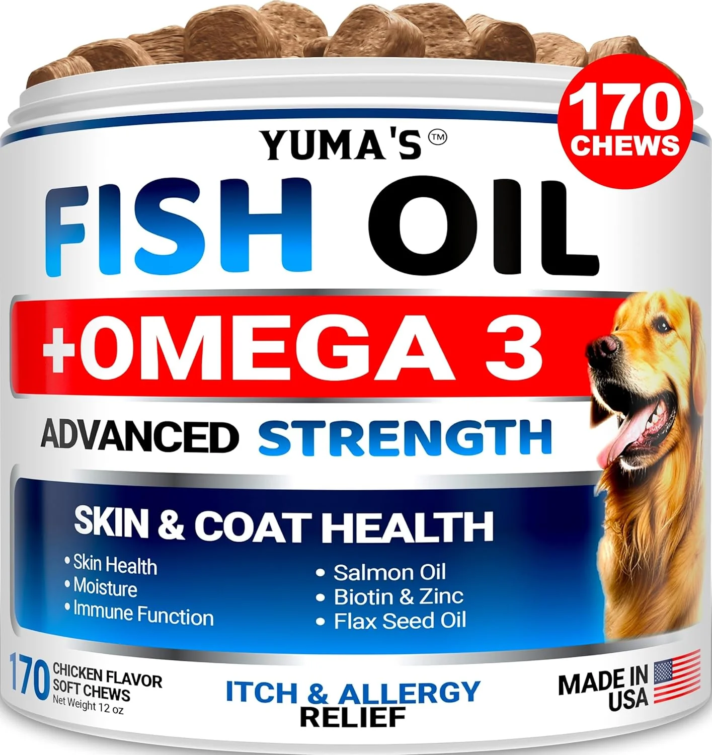 Easy-to-Use Omega 3 Fish Oil for Dogs - 170 Chews - Skin and Coat Supplement - Omega 3 for Dogs - Dry Itchy Skin Relief Treatment - Allergy Support Dog Anti Shedding Treats - Salmon - EPA DHA - Chicken Flavor Innovative