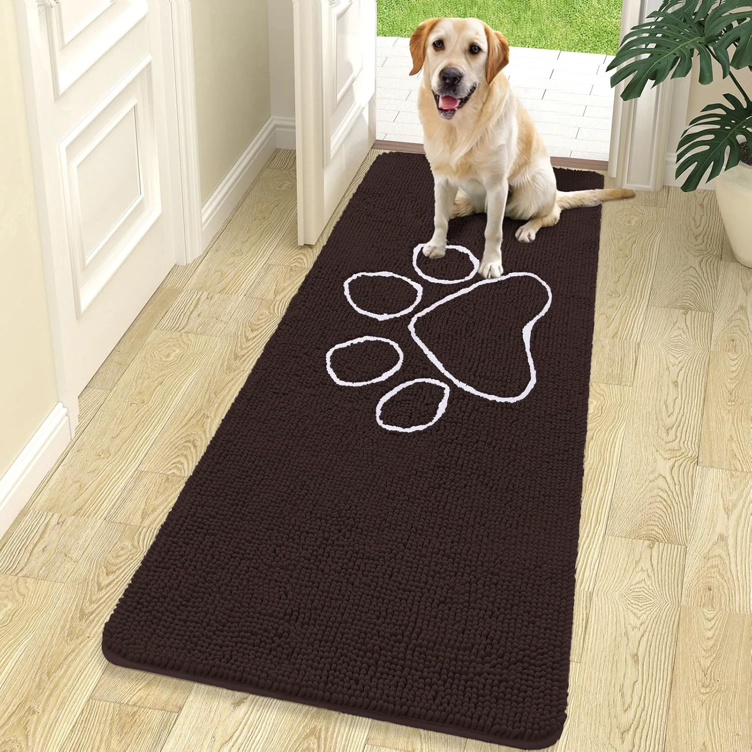 Relaxed OLANLY Door Mat for Muddy Dog Paws 70x24 Ultra Absorbent Chenille Mud Doormat with Paw Print Design Non-Slip Washable Doormat for Indoor Entryway Quick-Dry Pet Bed Mats for Dirty Dogs Brown Flexible