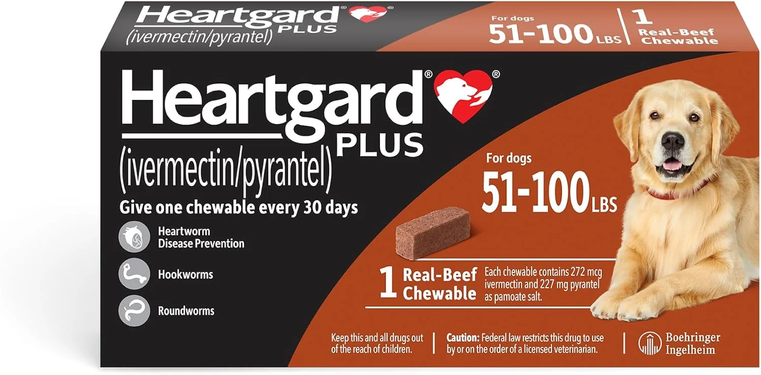 Advanced HEARTGARD® Plus ivermectin pyrantel -Beef Chewables for Dogs 51 -100 lbs Brown Box 1 Month Supply of Chews Heartworm Disease Preventive Excellent
