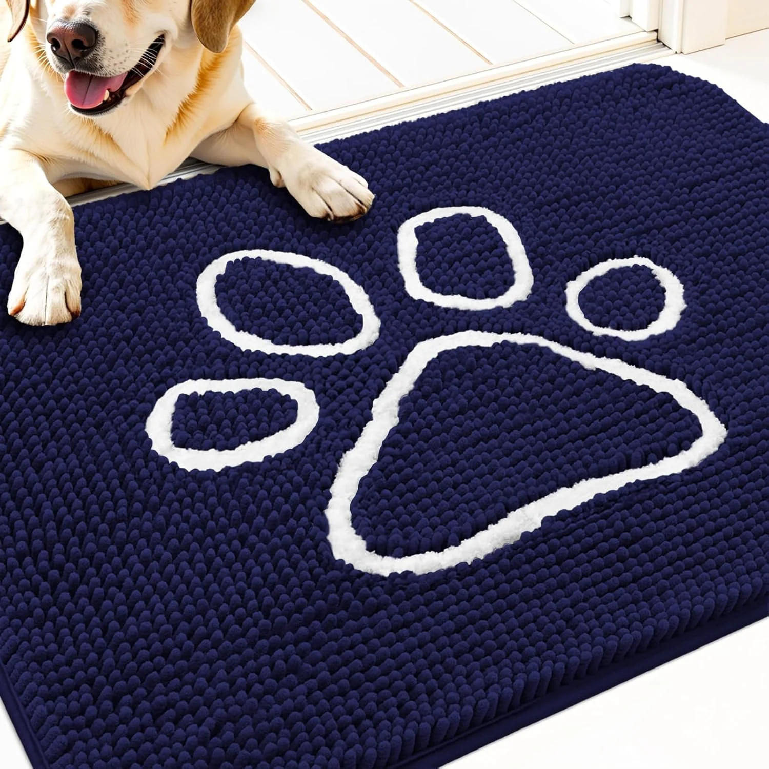 User-Friendly OLANLY Door Mat for Muddy Dog Paws 30x20 Ultra Absorbent Chenille Mud Doormat with Paw Print Design Non-Slip Washable Doormat for Indoor Entryway Quick-Dry Pet Bed Mats for Dirty Dogs Navy Blue Comfortable