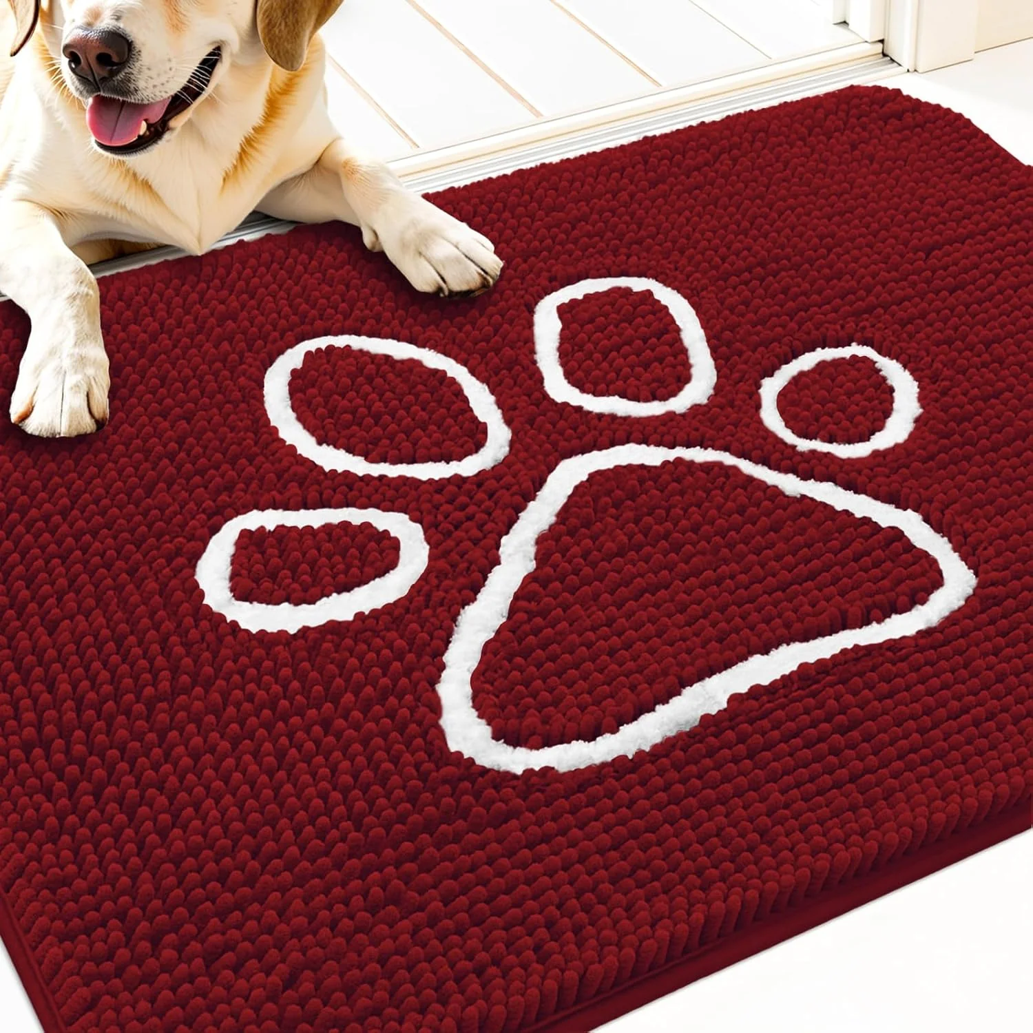 Elegant OLANLY Door Mat for Muddy Dog Paws 30x20 Ultra Absorbent Chenille Mud Doormat with Paw Print Design Non-Slip Washable Doormat for Indoor Entryway Quick-Dry Pet Bed Mats for Dirty Dogs Red Fashionable