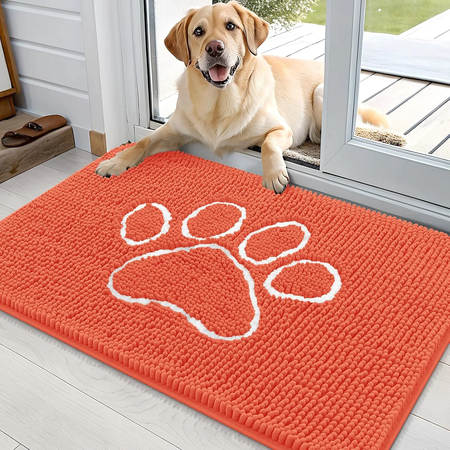 Sophisticated OLANLY Door Mat for Muddy Dog Paws 36x24 Ultra Absorbent Chenille Mud Doormat with Paw Print Design Non-Slip Washable Doormat for Indoor Entryway Quick-Dry Pet Bed Mats for Dirty Dogs Coral Consistent
