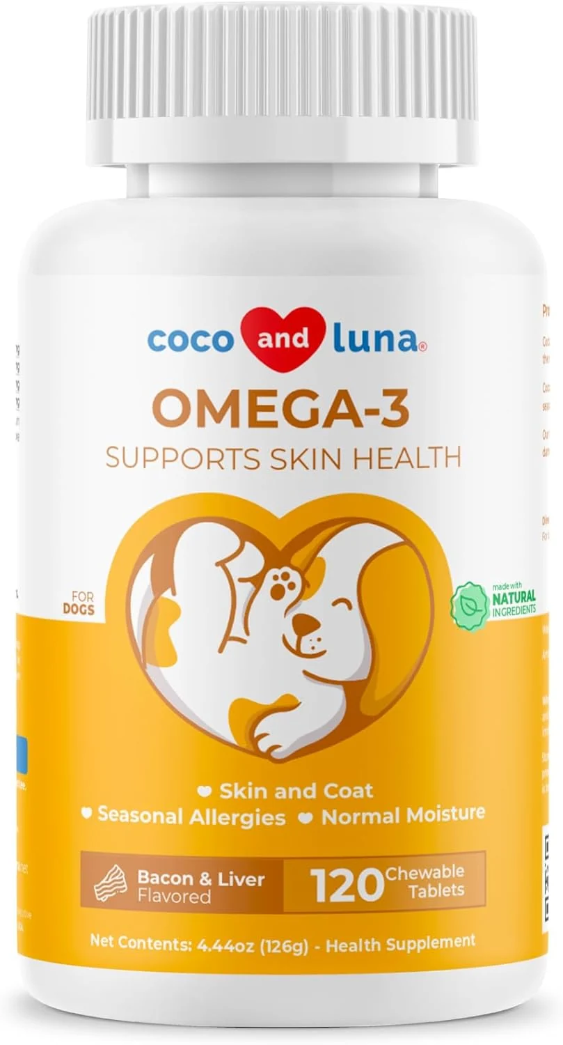 Authentic Omega 3 Fish Oil for Dogs - 120 Chewable Tablets - with Omega 3 6 and 9 Vitamin E for Dog Shedding Itchy Dry Skin Joint Heart Support High-Performance