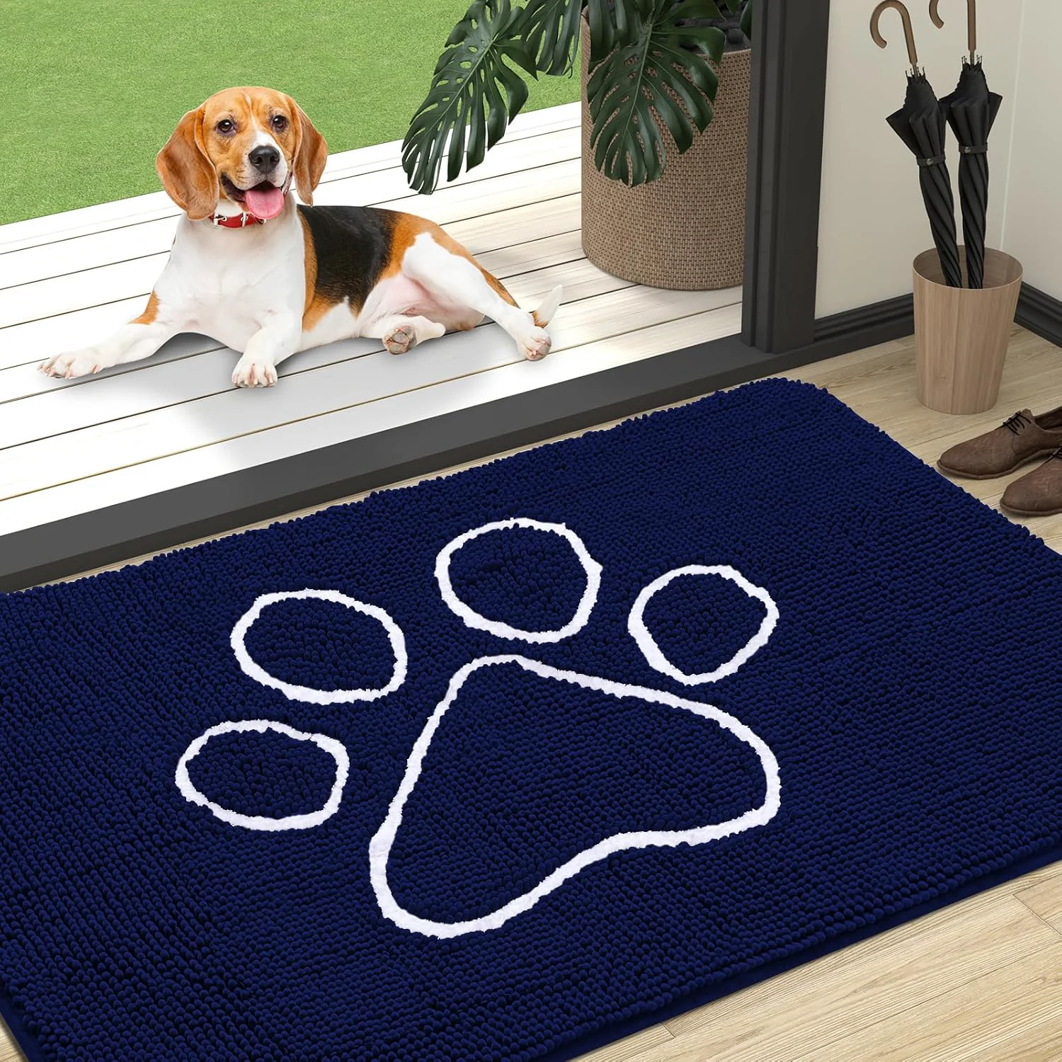 Fast OLANLY Door Mat for Muddy Dog Paws 47x32 Ultra Absorbent Chenille Mud Doormat with Paw Print Design Non-Slip Washable Doormat for Indoor Entryway Quick-Dry Pet Bed Mats for Dirty Dogs Navy Blue Fine