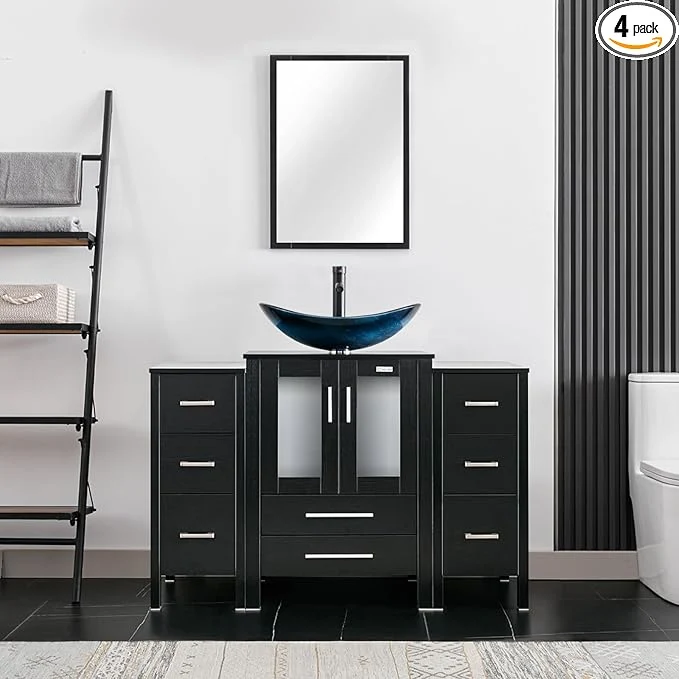 Practical eclife 48 Modern Bathroom Vanity Sink Combo standing Cabinet with Small Side Cabinet Blue Boat Glass Vessel Sink Water Save Faucet Drain Black A29BU About ThisOverview Artisan