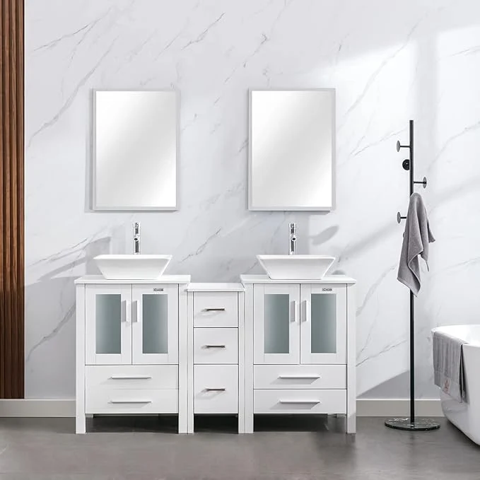 Crafted eclife 60 Modern Bathroom Vanity Sink Combo standing Cabinet with Small Side Cabinet White Square Ceramic Vessel Sink Water Save Faucet Drain White A07 About ThisOverview High-Grade