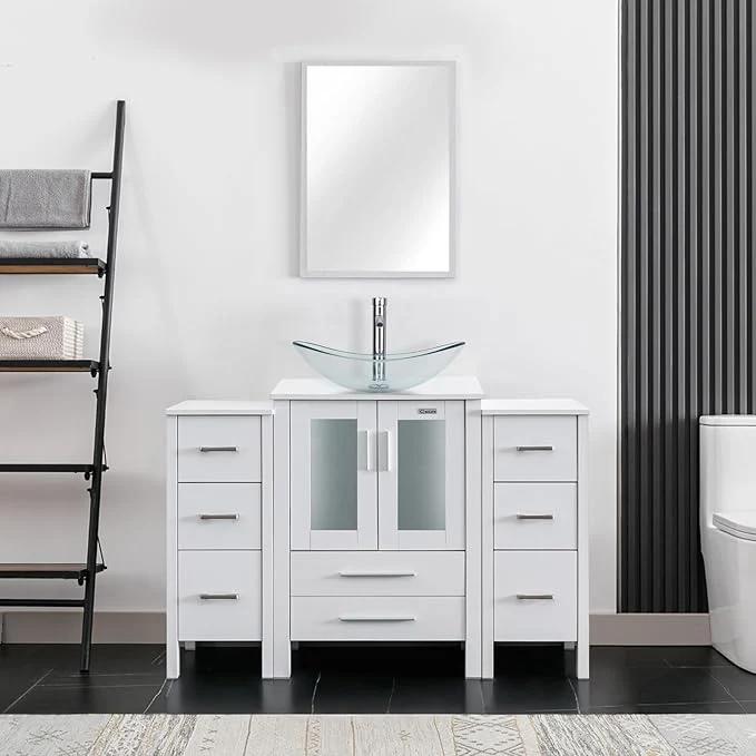 Top-Quality eclife 48 Modern Bathroom Vanity Sink Combo standing Cabinet with Small Side Cabinet Clear Boat Glass Vessel Sink Water Save Faucet Drain White A29TT About ThisOverview High-End