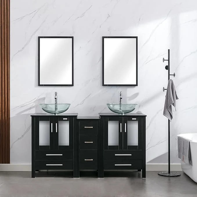 First-Class eclife 60 Modern Bathroom Vanity Sink Combo standing Cabinet with Small Side Cabinet Clear Round Glass Vessel Sink Water Save Faucet Drain Black A16 About ThisOverview Elegant