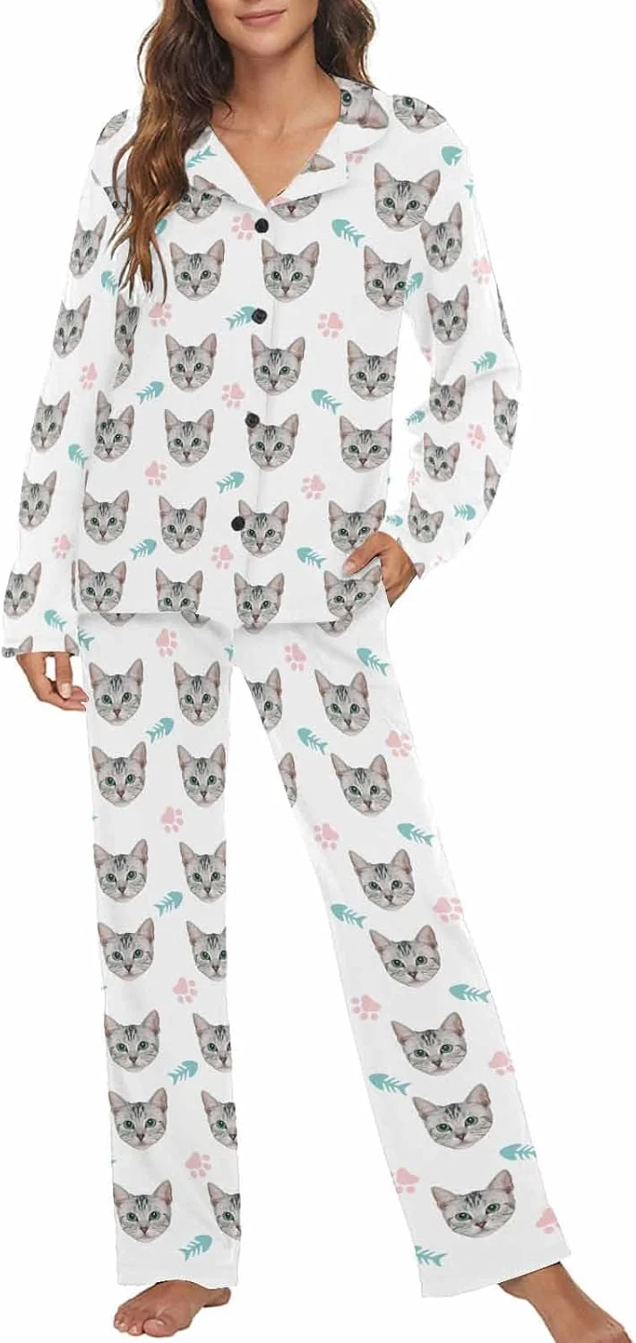 Exclusive MyPupSocks Custom Face Pajamas for Women Set Personalized Photo Long Sleepwear XS-XXL Long-Lasting
