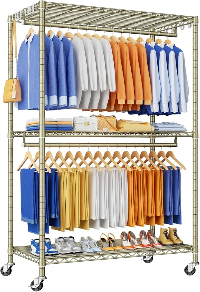Traditional P8 Heavy Duty Clothes Rack（With Extended Width Design） Rolling Clothing Racks for Hanging Clothes，Portable Garment Rack with Lockable Wheels，51.2 W x 15.8 D x 80.5 H，Max Load 700LBS，GoldAbout ThisOverview Breathable
