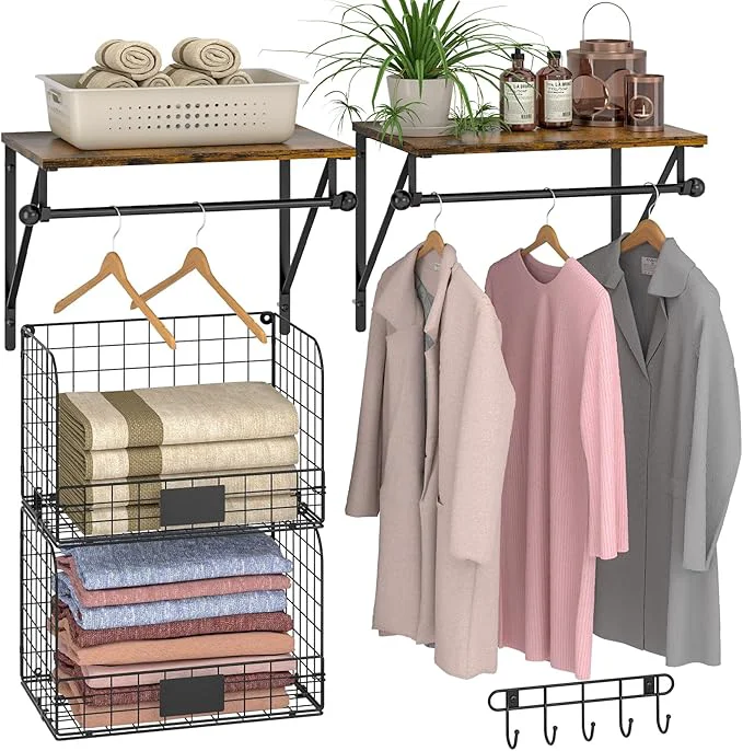 Sustainable Laundry Room Shelves Wall Mounted with Wire Baskets Over the Washer and Dryer Shelf with Clothes Drying Rack Wire Shelves Baskets for Laundry Closet Organization and Storage Wood Metal BlackAbout ThisOverview Certified