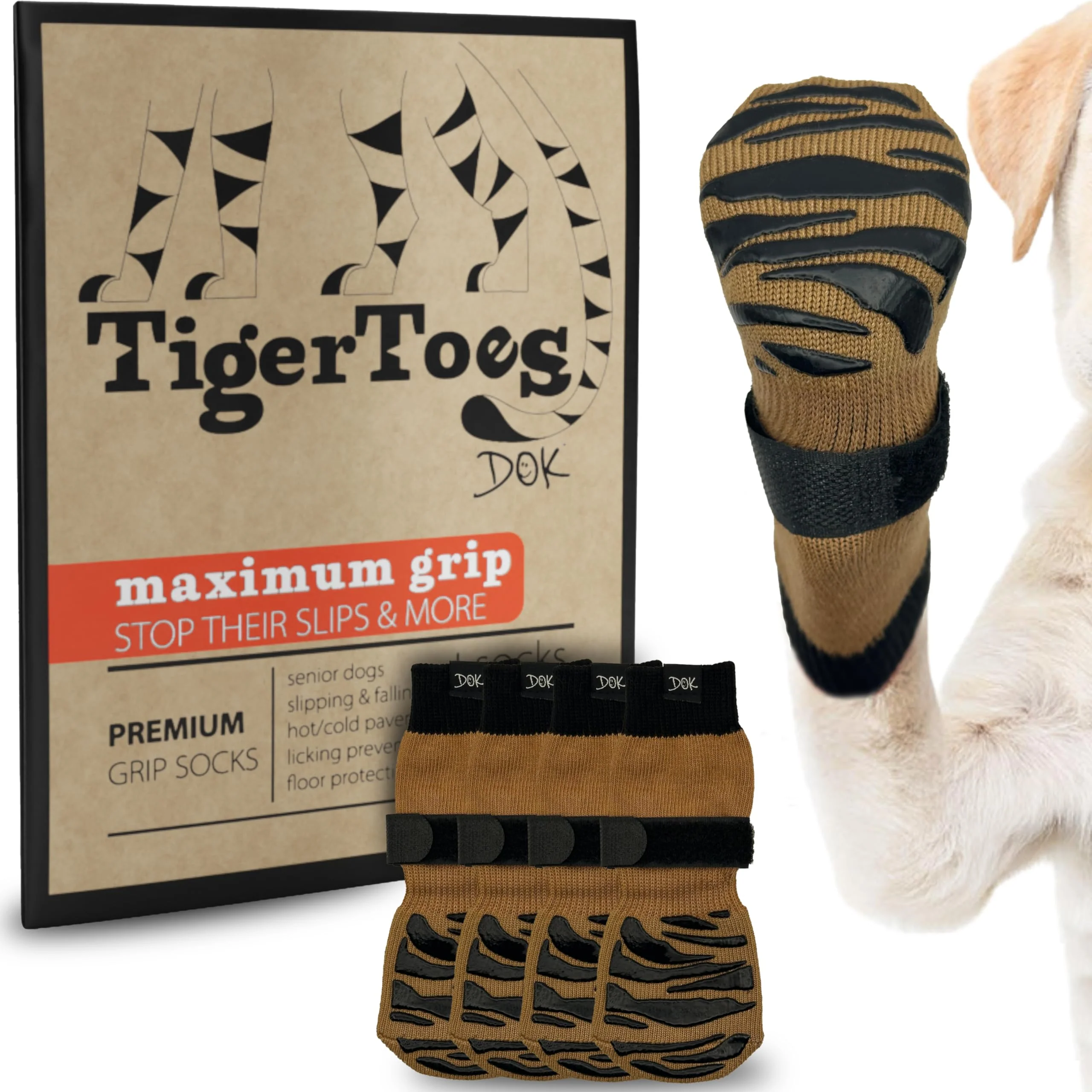 Smart DOK TigerToes Premium Non-Slip Dog Socks - XXL for Hardwood Floors Cool Caramel Solid