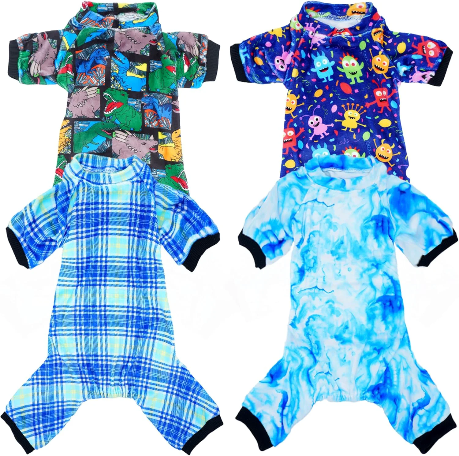 Smooth PET SHOW 4 Pack Small Dog Pajamas Cute Dinosaur Monster Clothes for Medium Dogs Soft Stretchy PJs Plaid Jumpsuit Puppy Cats Tie Dye Onesies Outfits with Sleeve Pets Dachshund Costume L Blue for Boys Reusable