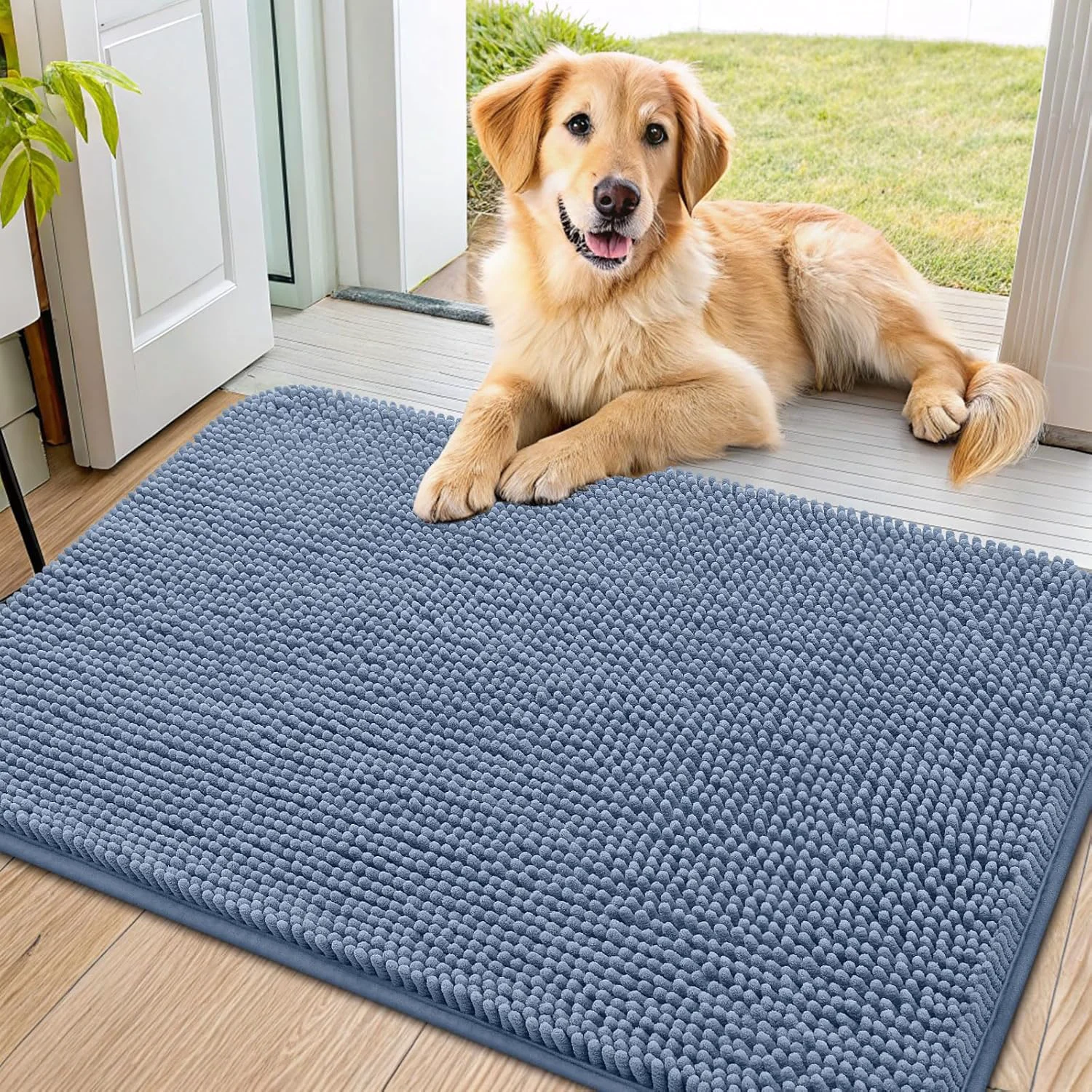 Detailed Smiry Dog Door Mat for Muddy Paws 36x24 Absorbs Moisture and Dirt Doormat Non-Slip Washable Quick Dry Chenille Front Door Mat Indoor Entrance Entryway Carpet for Inside Floor Airy Blue Trendy