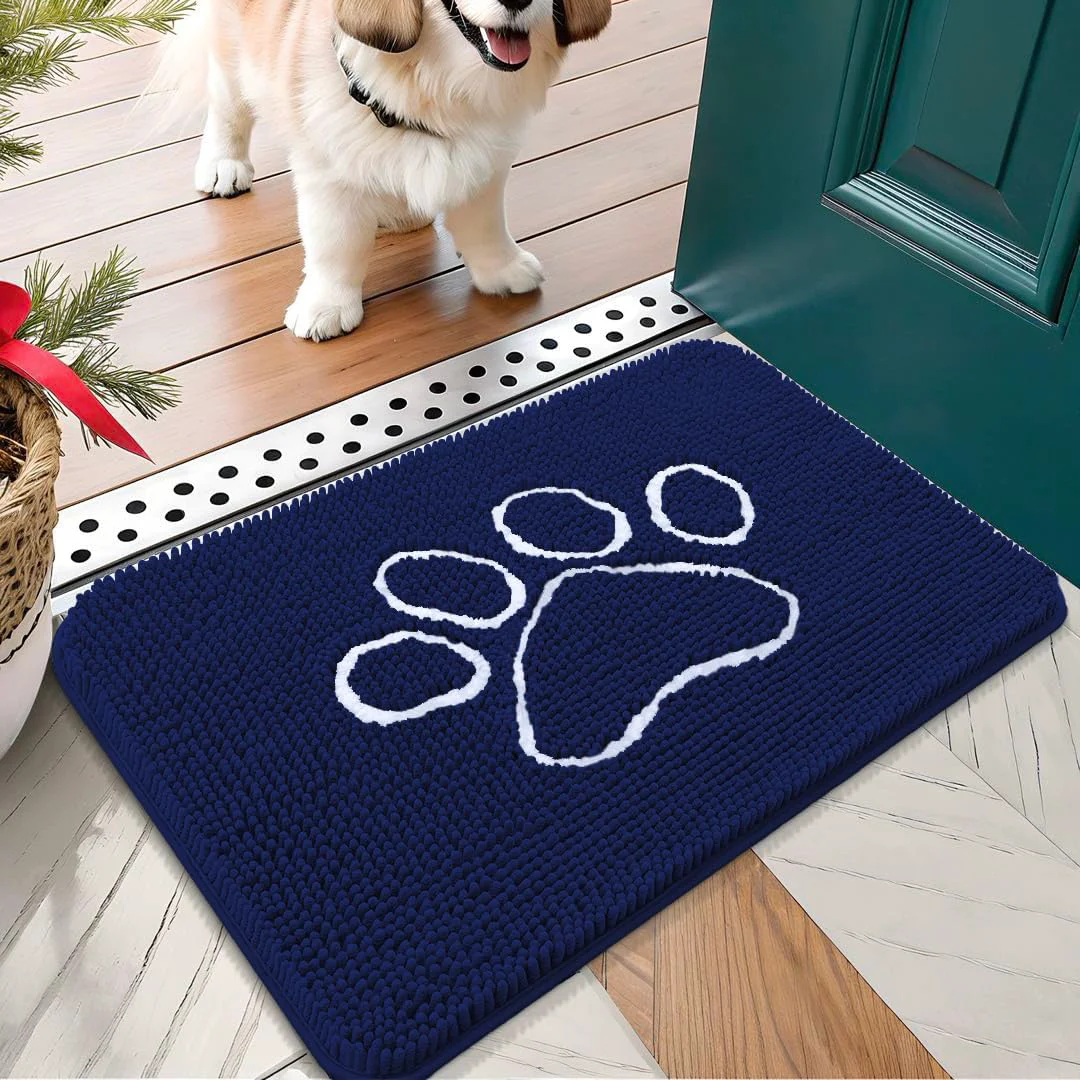 Contemporary OLANLY Door Mat for Muddy Dog Paws 24x16 Ultra Absorbent Chenille Mud Doormat with Paw Print Design Non-Slip Washable Doormat for Indoor Entryway Quick-Dry Pet Bed Mats for Dirty Dogs Navy Blue Authentic