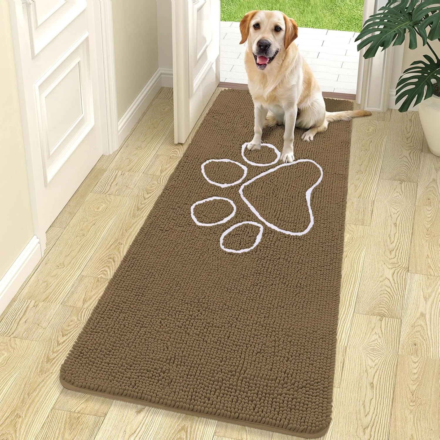 Safe OLANLY Door Mat for Muddy Dog Paws 70x24 Ultra Absorbent Chenille Mud Doormat with Paw Print Design Non-Slip Washable Doormat for Indoor Entryway Quick-Dry Pet Bed Mats for Dirty Dogs Tan Elite