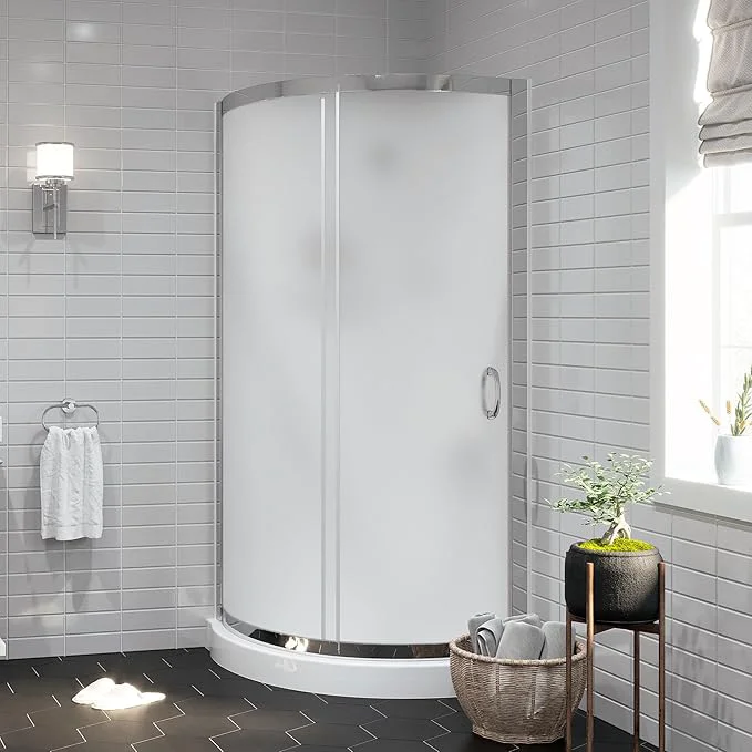 Authentic OVE Decors Breeze 34 in. Corner Shower Frosted Sliding Door With Base and Walls in Chrome FinishAbout ThisOverview Natural