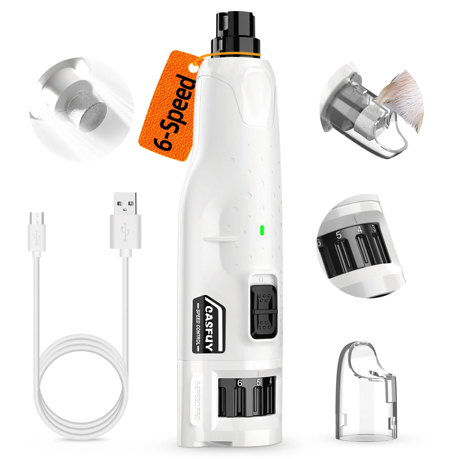 Powerful Casfuy Dog Nail Grinder Quiet 45dB - 6-Speed 3 Ports 2 LED Lights Rechargeable Dust Cap Smart