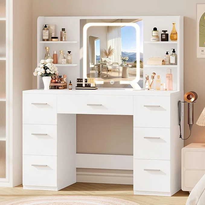 Original Large Makeup Vanity Desk 43.3 W x 15.7 D x 53.2 H White Large Desktop Samrt LED Mirror 4 Open Shelves 7 Drawers Hairdryer Rack Power-Outlet No Cushion Stool Included About ThisOverview Healthy