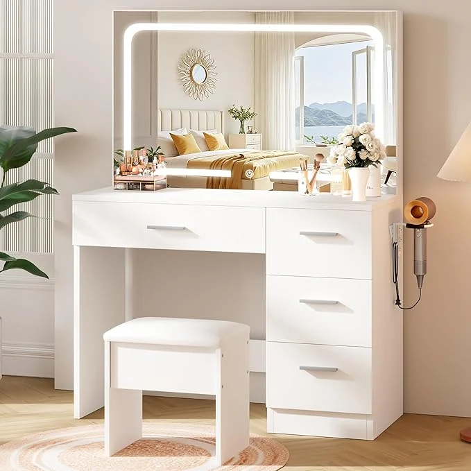 Powerful Makeup Vanity Desk Set White 35.4 W x 15.7 D x 53.9 H Large Smart LED Mirror with Cushion Stool Hairdryer Rack Power-Outlet 4 Drawers About ThisOverview Enhanced