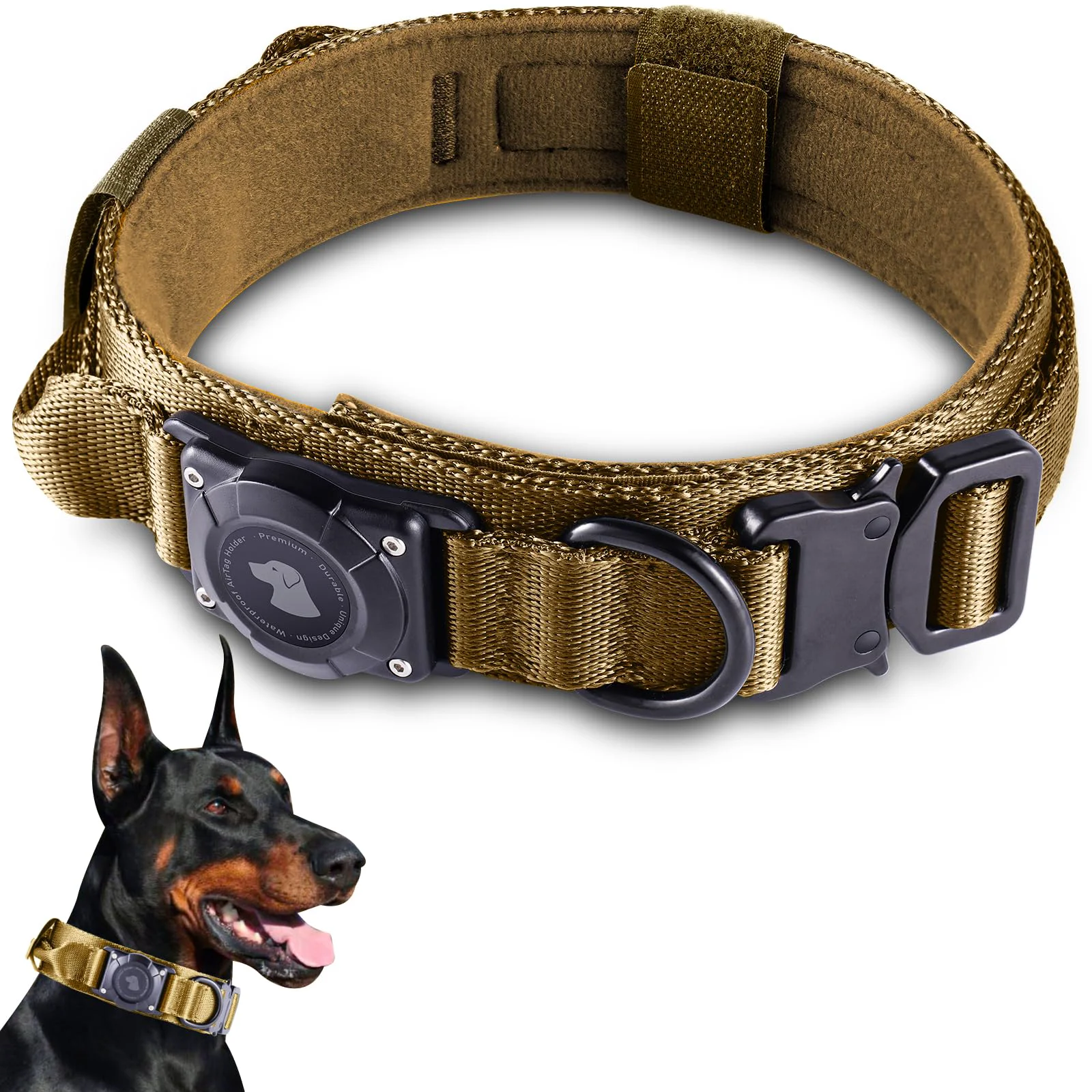 World-Class Odokele 2025 Upgrade Waterproof AirTag Dog Collar – Military Tactical XL Khaki Flexible