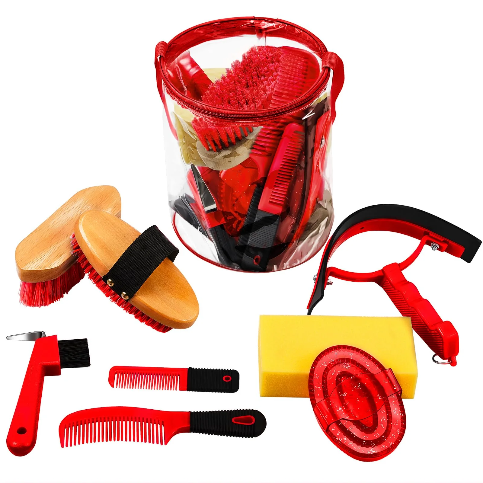 Flexible Cunhill 9-Piece Horse Grooming Kit with Organizer Tote Bag – Oval Massage Curry Brushes Hoof Pick Red High-Quality