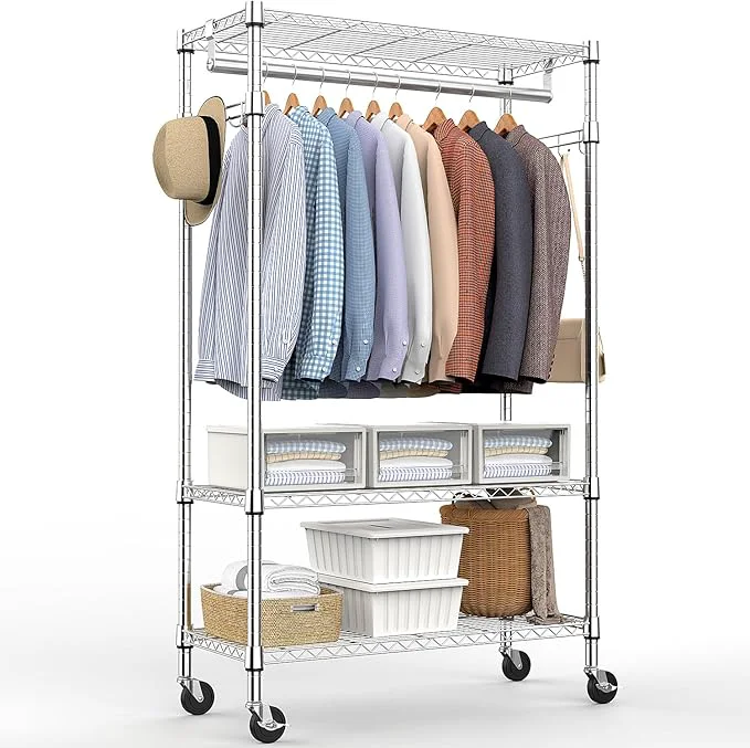 Convenient Heavy Duty Rolling Garment Rack 3 Tiers Adjustable Wire Shelving Clothes Rack with Rods and Side Hooks Storage Closet Clothing Rack with Wheels Chrome 15.7 D x 29.5 W x 74.5 HAbout ThisOverview Green