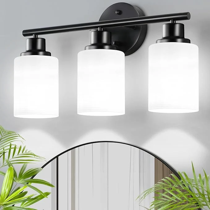 Traditional 3-Light Black Bathroom Light Fixture with with Milky White Frosted Glass Shade Matte Black Vantiy Lights for Bathoom Bedroom Living Room - E26 BaseAbout ThisOverview Convenient