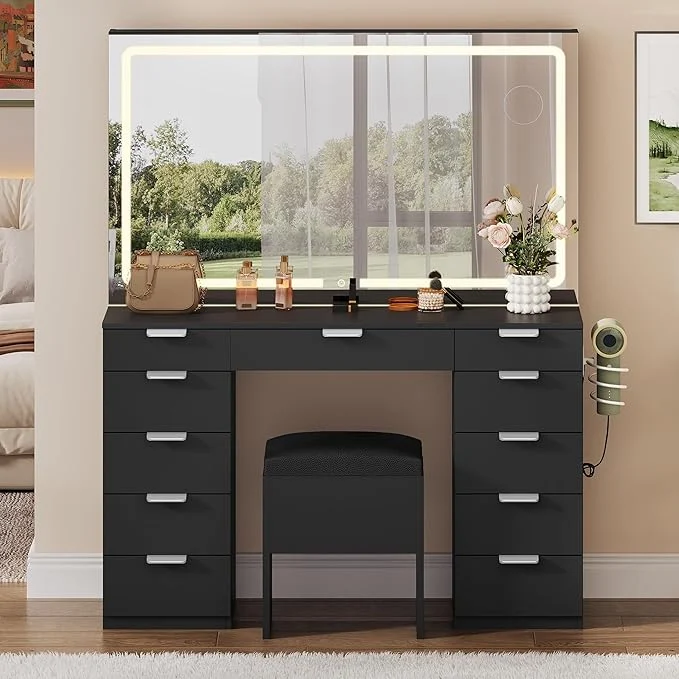 Luxury YITAHOME 46'' Vanity Desk with Large LED Lighted Mirror Charging Ports 11-Drawer Makeup Table Set with Storage Stool for Dressing Room 3 Lighting Modes Brightness Adjustable Black FinishAbout ThisOverview Trendy