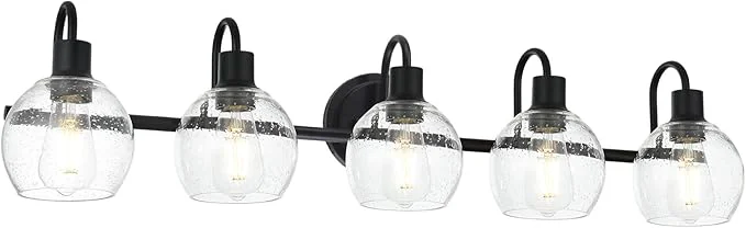 Genuine 5-Lights Black Bathroom Vanity Light Fixtures Over Mirror Modern Vanity Wall Sconce Lighting with Globe Seeded Glass Lampshades for Bedroom Kitchen HallwayAbout ThisOverview Certified