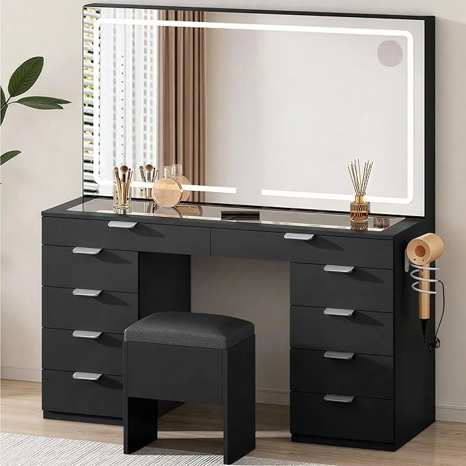 Versatile DWVO Vanity Desk Set with LED Mirror Magnifying Glass Charging Station 46 Makeup Table with 10 Drawers Hair Dryer Holder Storage StoolAbout ThisOverview Carefully Designed