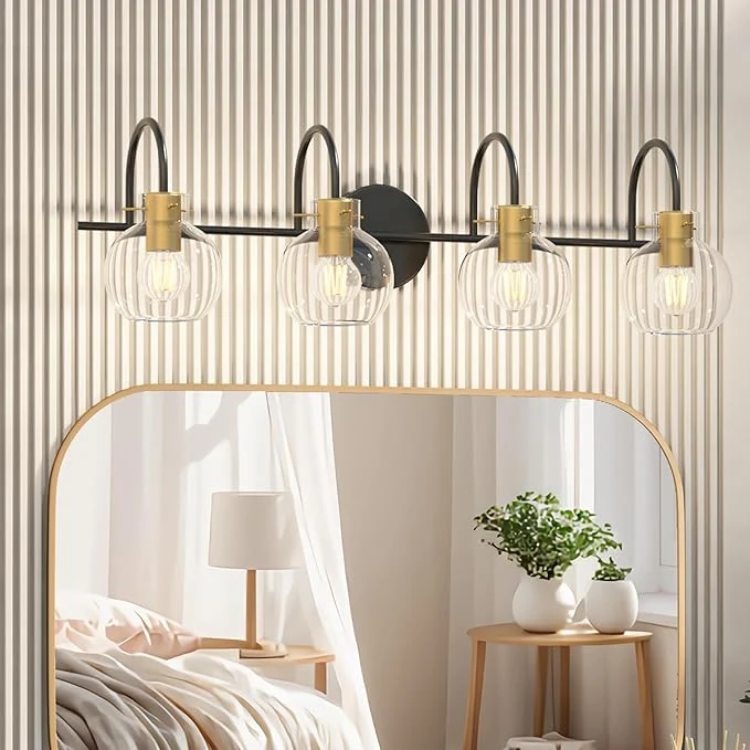 Versatile 4 Light Bathroom Vanity Light Black and Gold Light Fixtures Sconces Wall Lighting with Glass Shade Modern Brushed Vanity Lights for Bedroom Hallway Bathroom Lighting Fixtures Over MirrorAbout ThisOverview Original Design