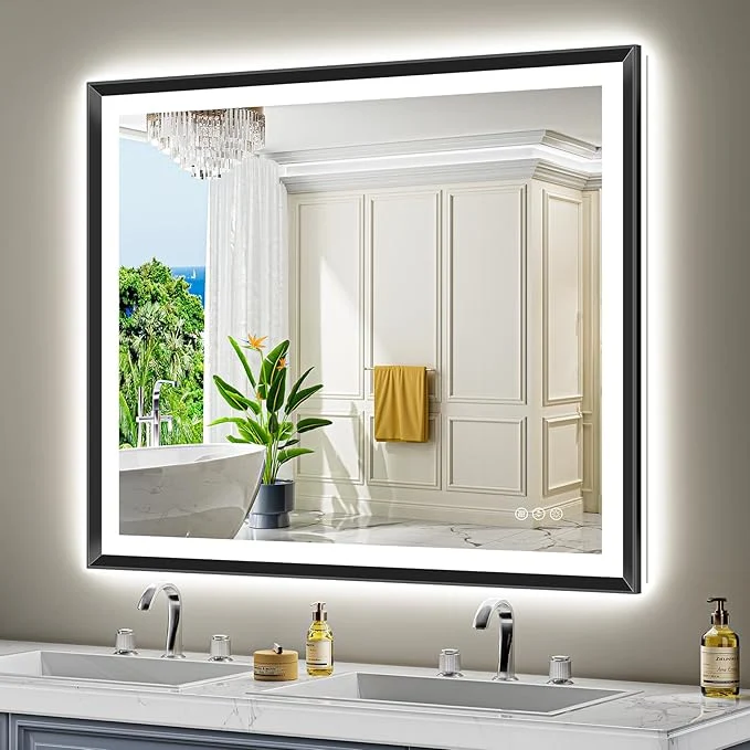 Unique 48x38 Black Framed LED Bathroom Mirror with Lights Backlit and Front Light Lighted Bathroom Vanity Mirror for Wall Dimmable Anti-Fog Memory Tempered Glass Horizontal VerticalAbout ThisOverview Official