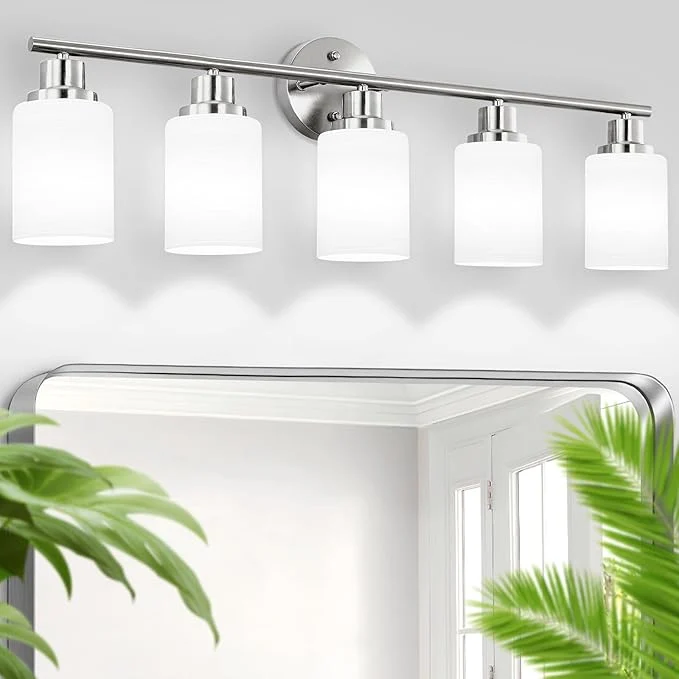 Clean 5-Light Brushed Nickel Vanity Lights Bathroom Light Fixtures with Textured Milky White Glass Shade Modern Bathroom Lighting Fixtures Over Mirror Wall Sconce Light - E26 BaseAbout ThisOverview Top-Quality
