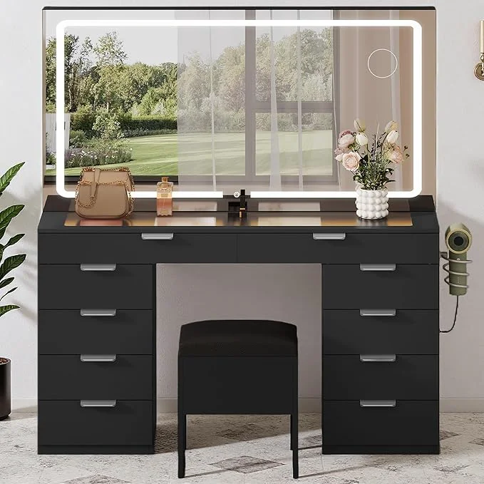 Environmentally Friendly YITAHOME Vanity Desk with Large Mirror LED Lights 3 Light Modes Makeup Vanity Table Set with 10 Storage Drawers Power OutletsAbout ThisOverview Expertly Made