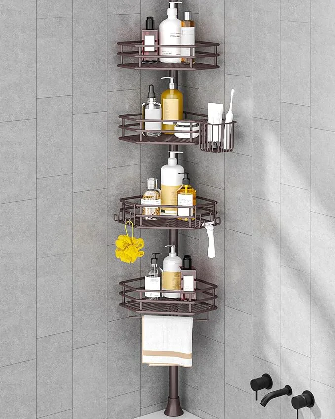 Premium Material SEIRIONE Corner Shower Caddy Tension Pole Adjustable Shower Organizer Corner with 4 Shelves No Drilling Shower Shelf for Inside Shower Shower Rack for Shower Storage 34 to 116 Inch Height BronzeAbout ThisOverview Minimalist