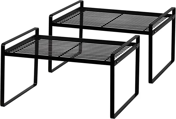Comfortable 2Pack Kitchen Cabinet Shelf Counter Organizer Rack Pantry Storage Bathroom Bedroom Office Table Desk Space Saving Stackable Rust Resistant Non Slip Black Wide L13.1in W10.6in H7.3inAbout ThisOverview Organic